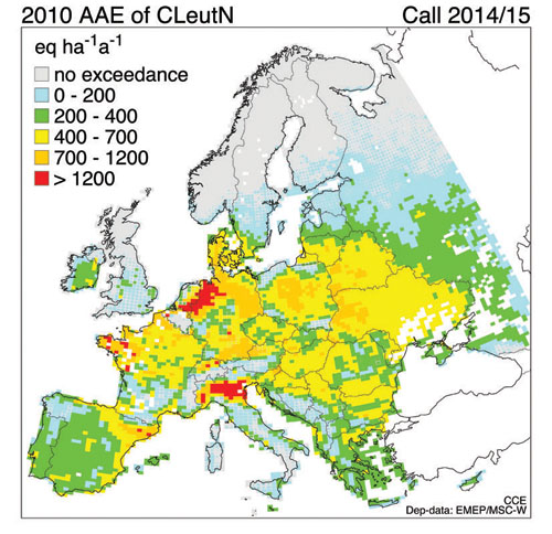 Områden där de kritiska belastningsgränserna för övergödning överskrids i Europa.