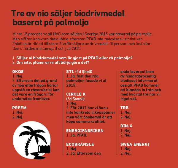 Tre av nio återförsäljare säljer biodrivmedel baserat på palmolja.