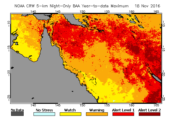 Korallblekningsvarningar för Stora Barriärrevet under 2016.
