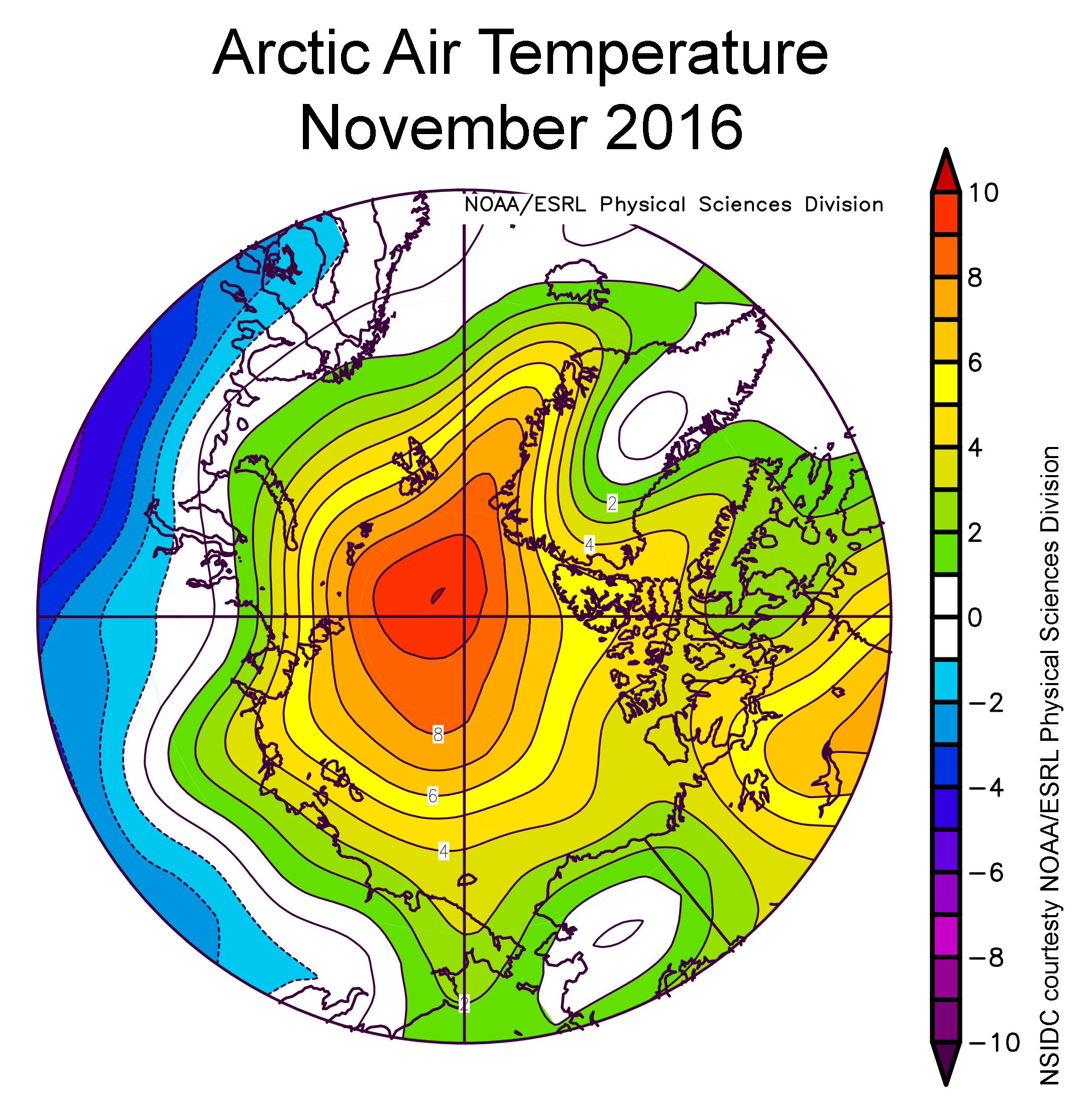 Medeltemperatur i Arktis november 2016. Källa: NSIDC