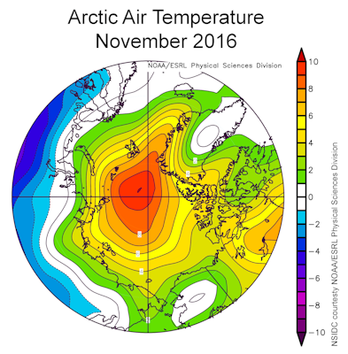 Medeltemperatur i Arktis november 2016. Källa: NSIDC
