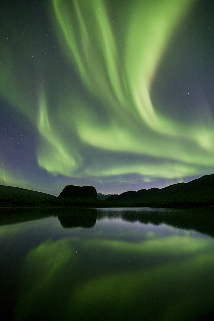 Northern light in the Rapa delta. Laponia World Heritage Site, Lapland, Sweden.