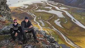 Erlend Haarberg and Orsolya Haarberg, with the Laitaure delta in the background. Sarek National Park, World Heritage Laponia, Swedish Lapland, Sweden.