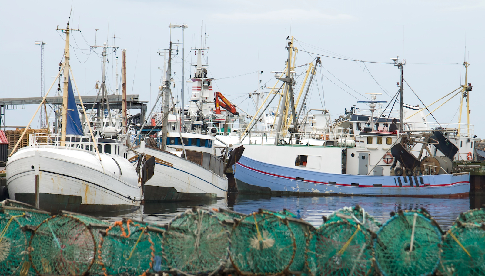 Fiskebåtar i hamn med nät i förgrunden.