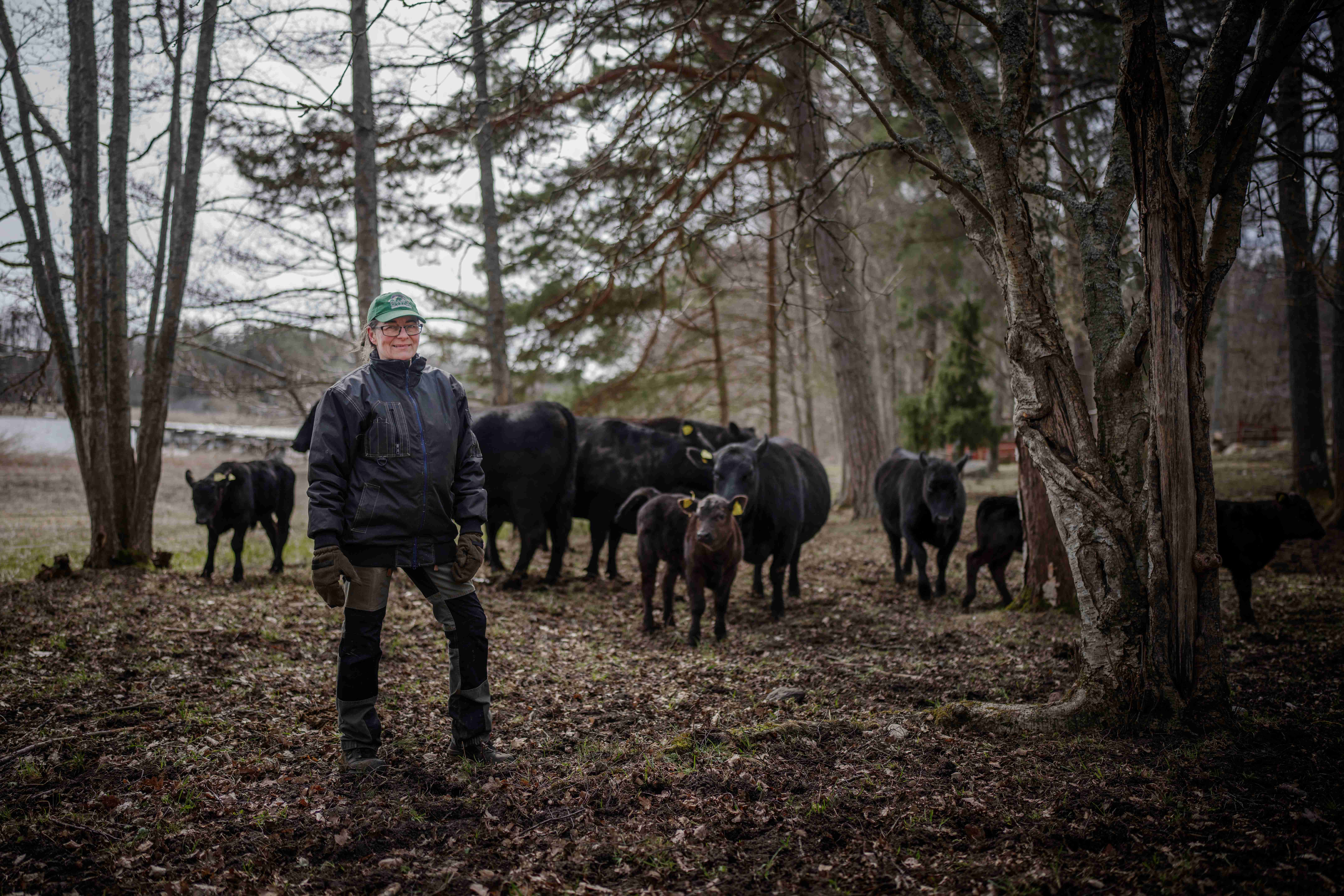 Kvinna med kor i skog