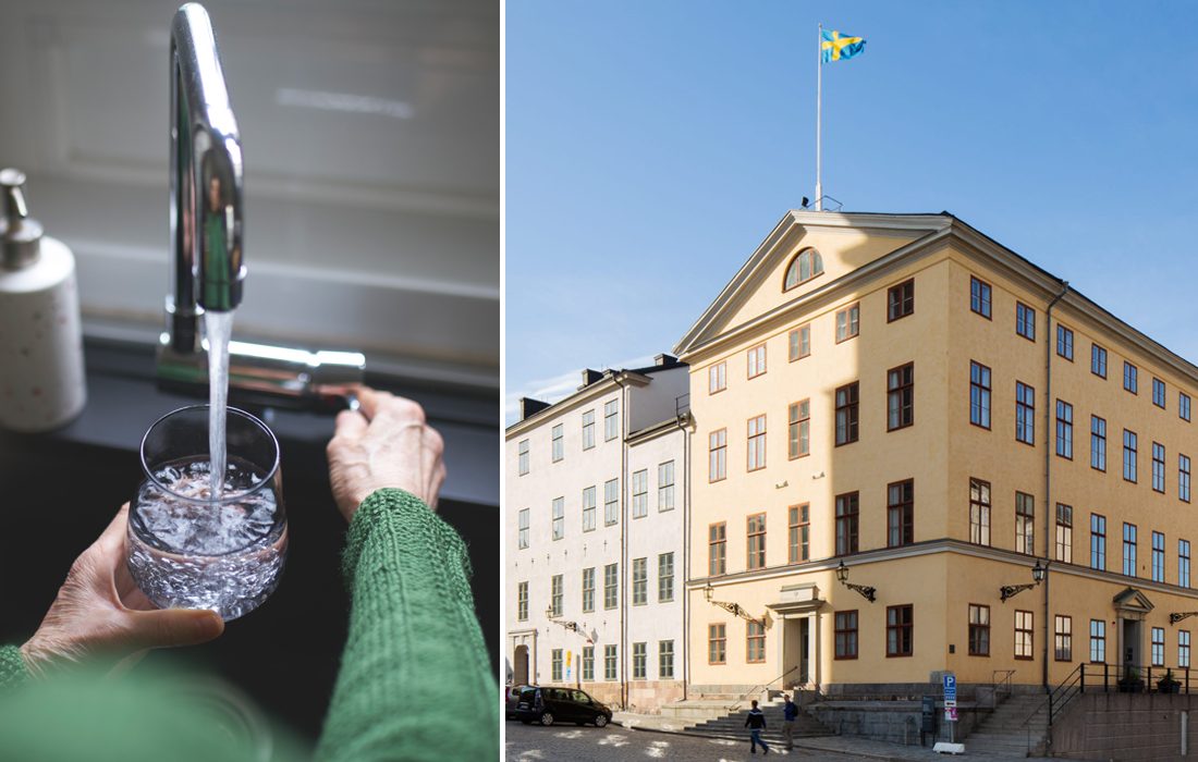 Bildkollage med vatten ur kran och en äldre byggnad.