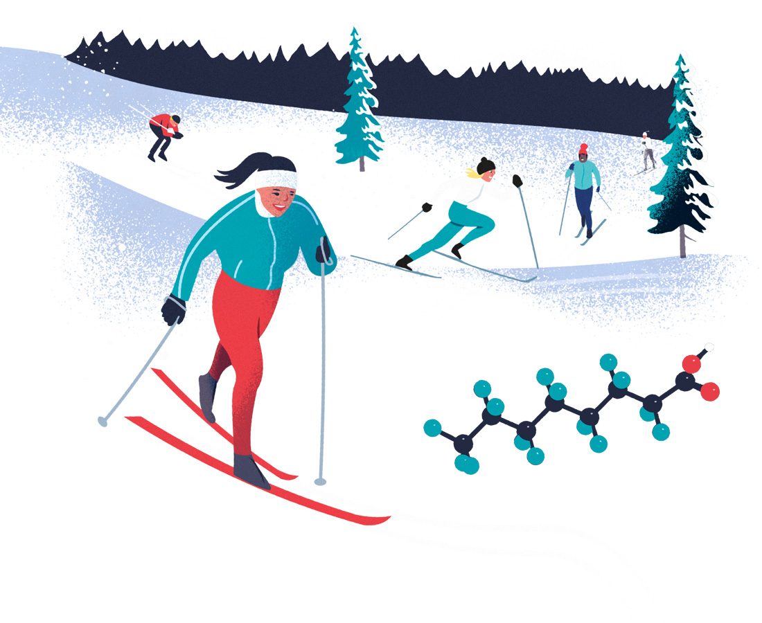 Illustration av vintersport och en PFAS-molekyl.