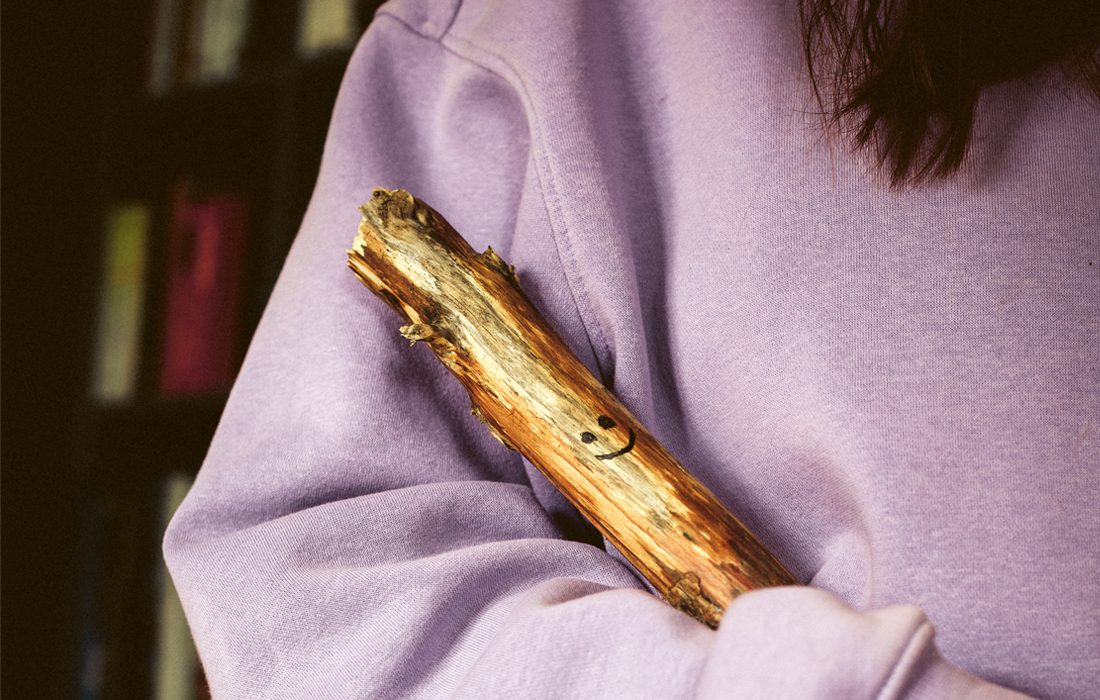 Person håller i en pinne med ansikte