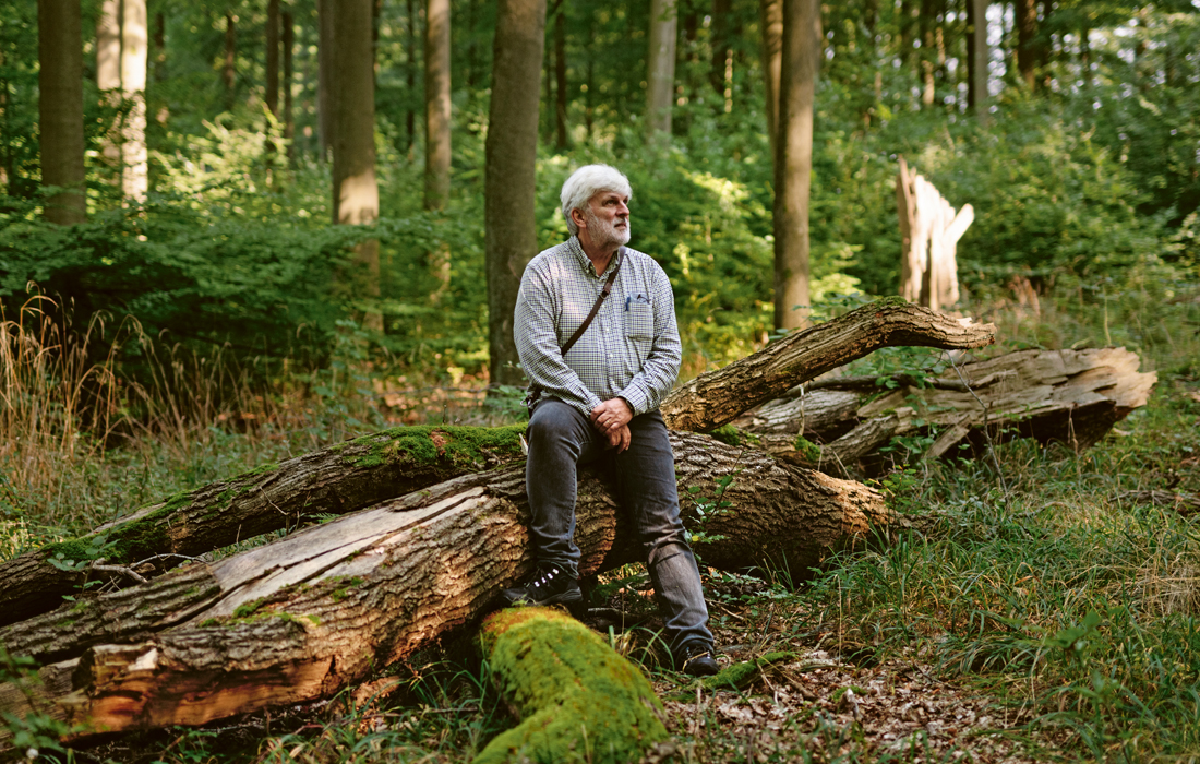 Knut Sturm sitter på en stock i skogen