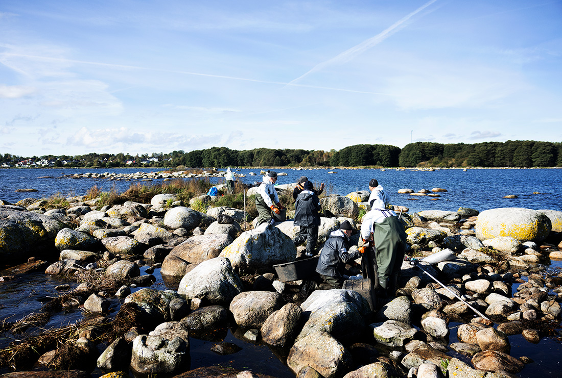 Saneringe olja på stenar till havs