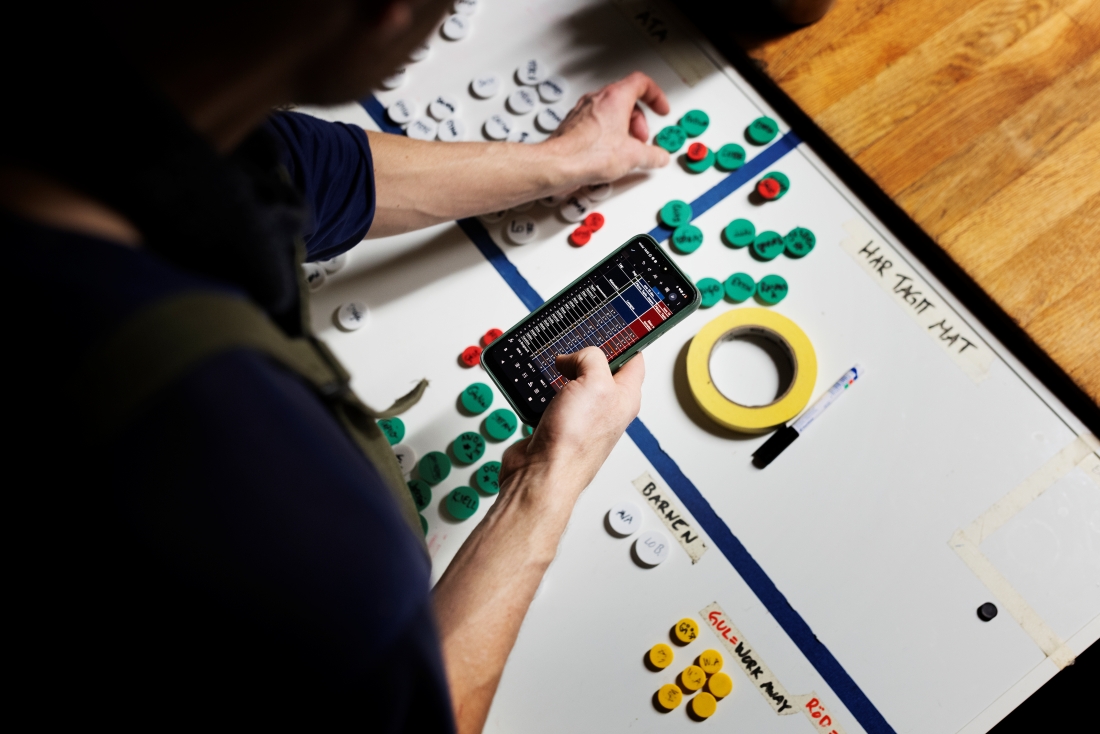 Person med mobil planerar på whiteboard