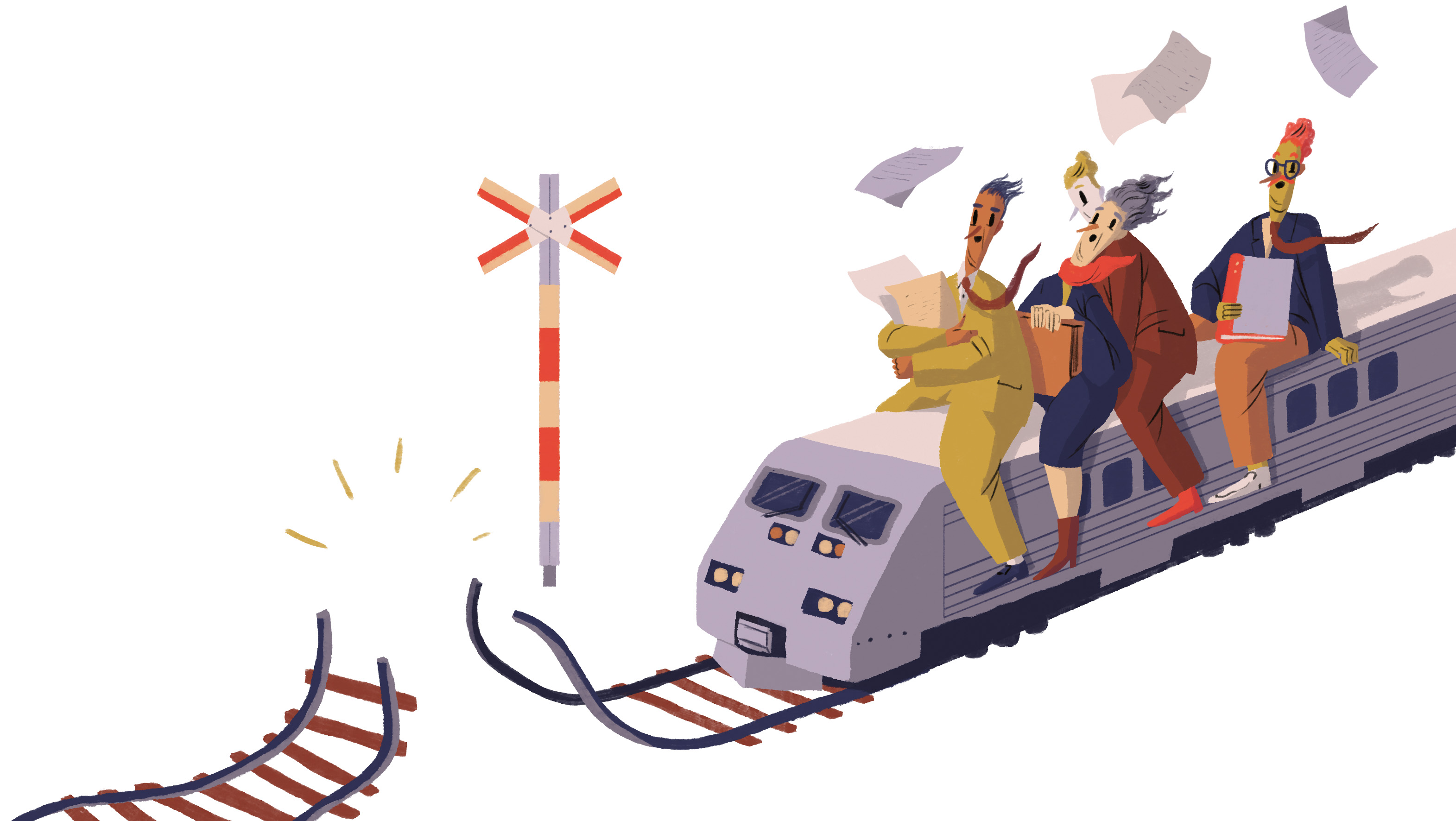 Illustration med personer som sitter på ett tåg