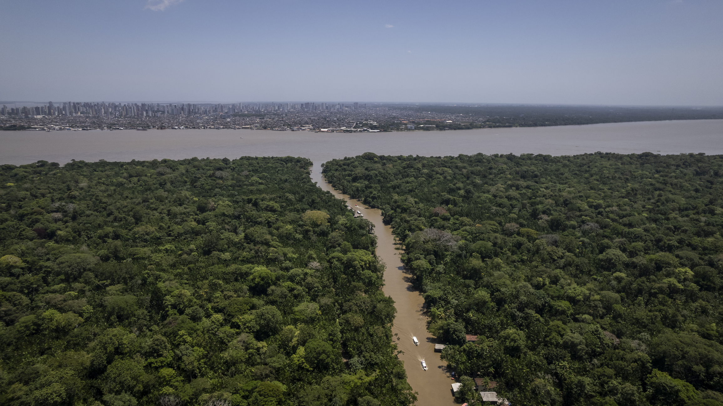 Flod och regnskog med stad i bakgrunden.
