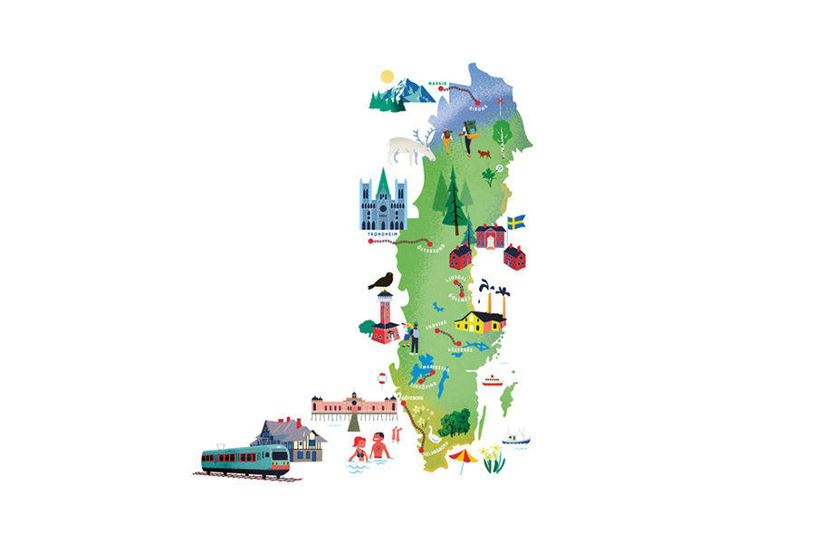 Illustration som visar enkarta med sex utmarkerade vackra tågresor.