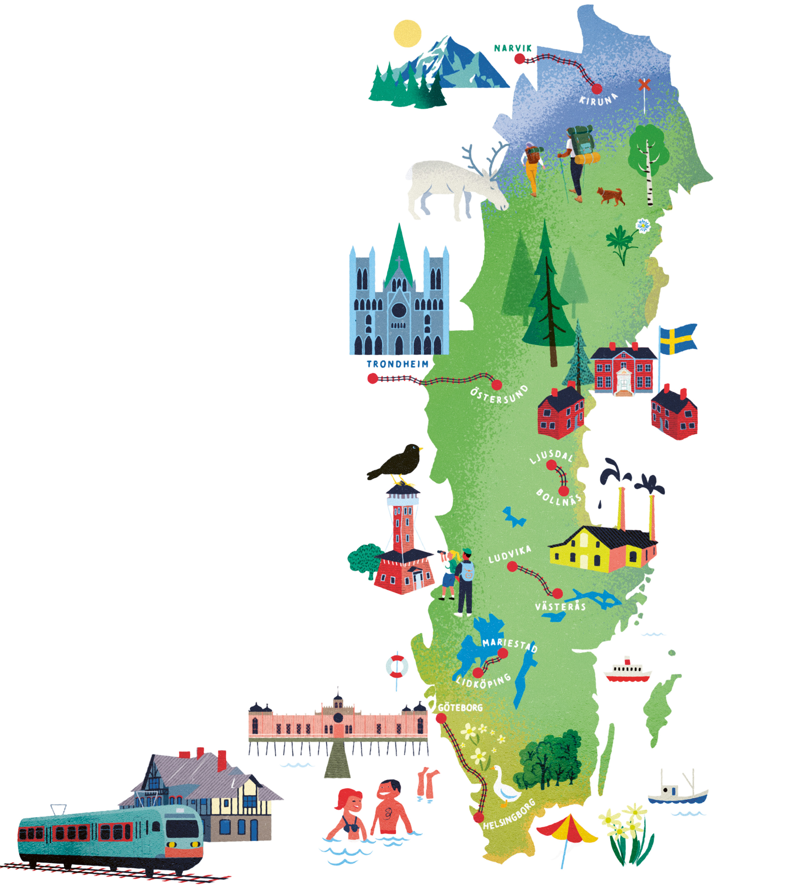 Illustration med sex vackra tågresor.