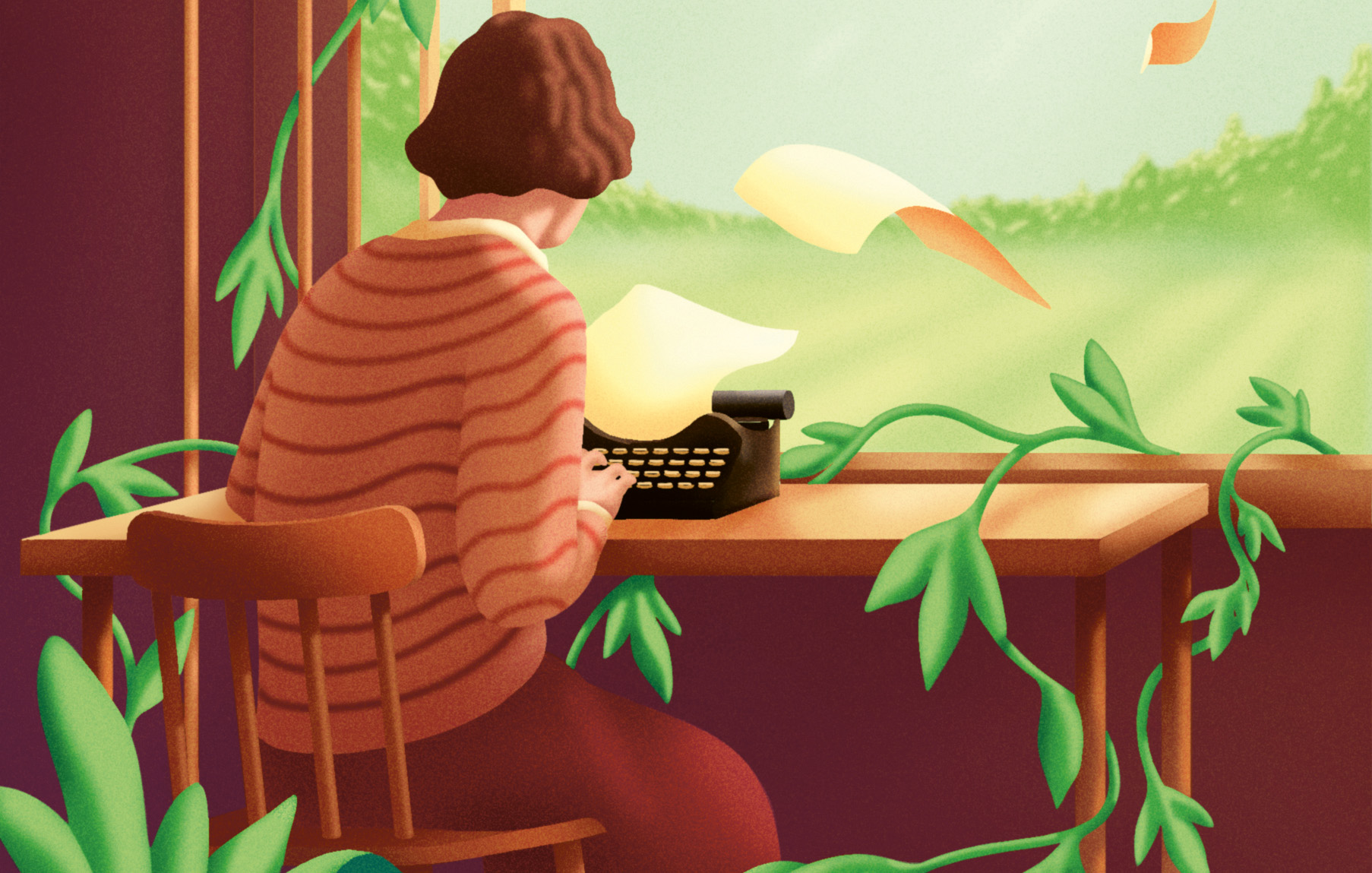 Illustration som visar en människa som skriver vid en skrivmaskin.