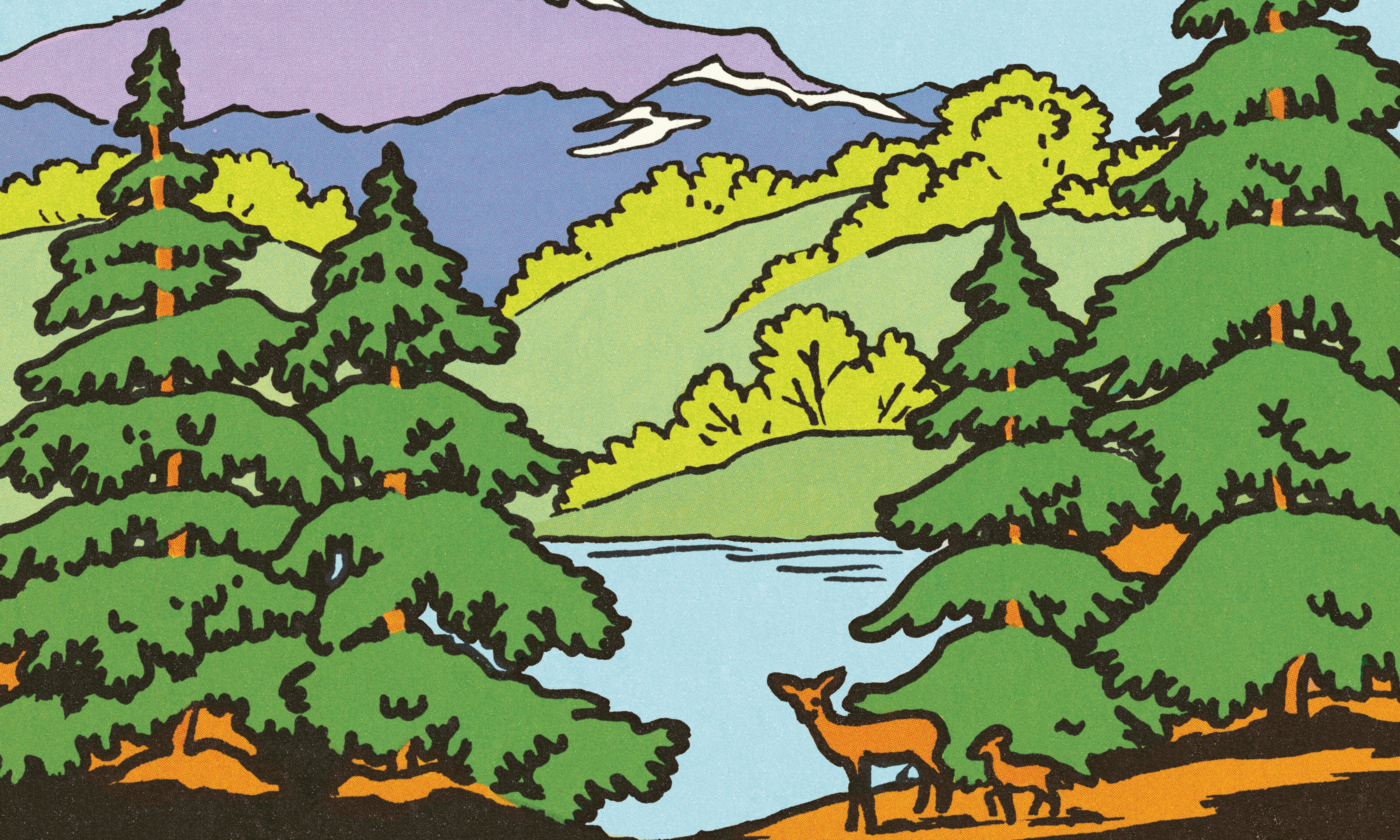 Skog illustrerad med rådjur och berg.