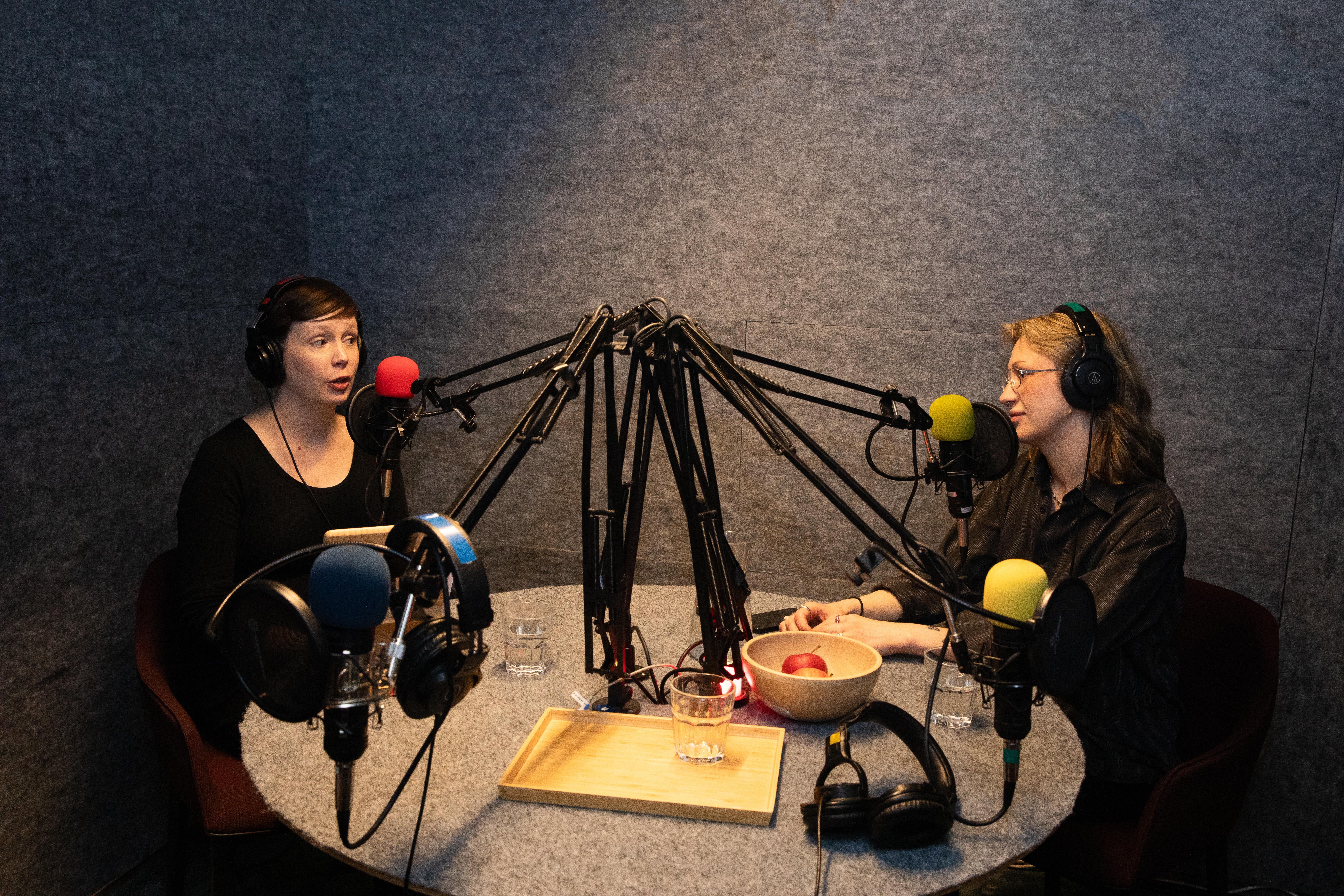 Två personer pratar i varsin mikrofon i en studio.