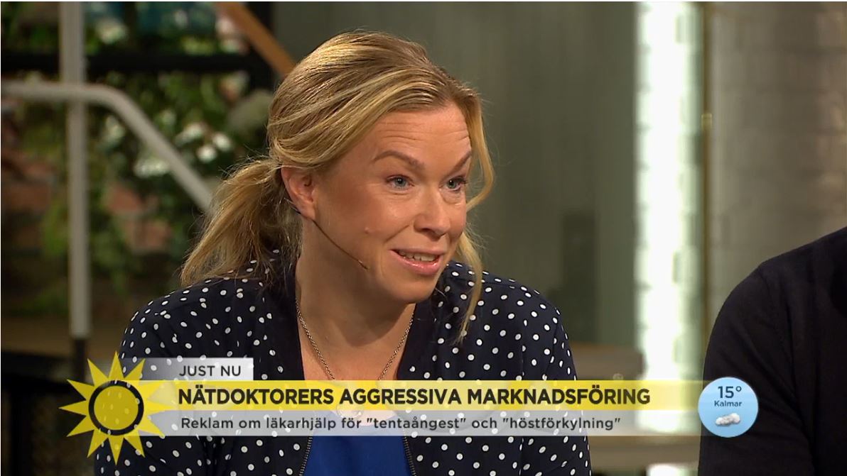 Elin Karlsson, andre vice ordförande i Sjukhusläkarna och styrelseledamot i Läkarförbundet, diskuterar i TV4:s Nyhetsmorgon.