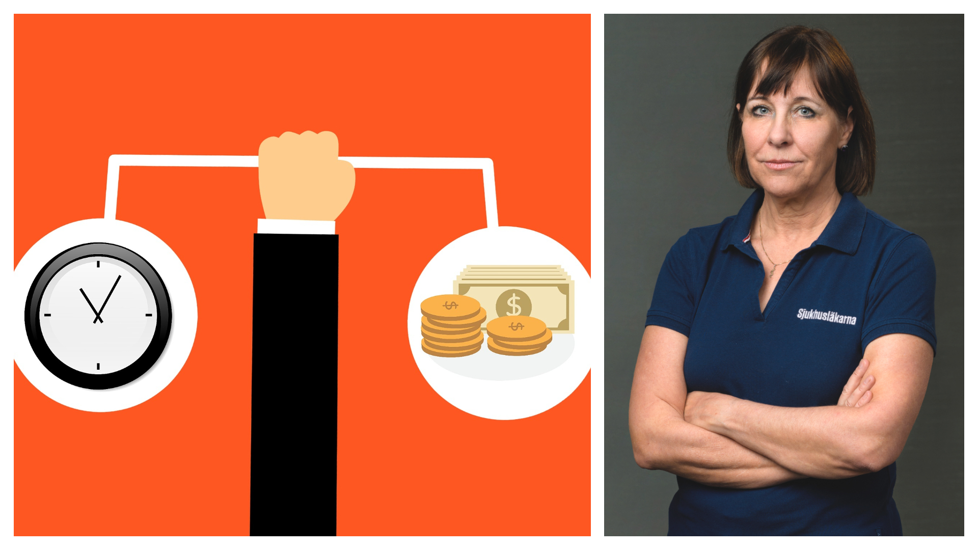 Kollage med två bilder, en illustration i vitt, orange och svart där en arm håller upp en våg med en klocka i vänstra vågskålen och pengar i den andra och ett foto på Karin Båtelson i blå pikéskjorta