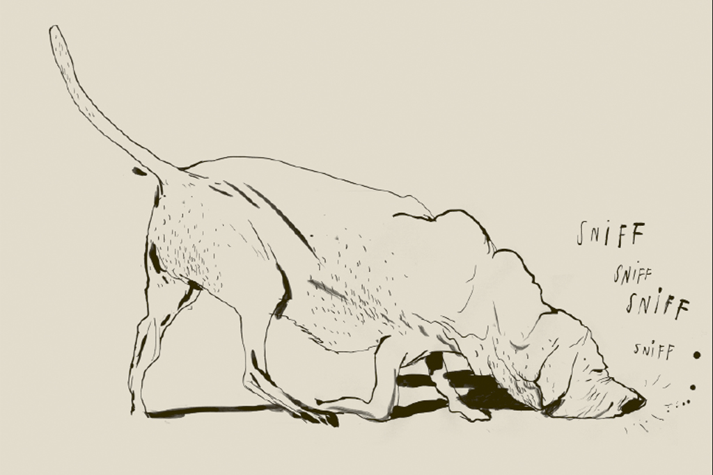 En tecknad blodhund sniffar sig fram på marken. 