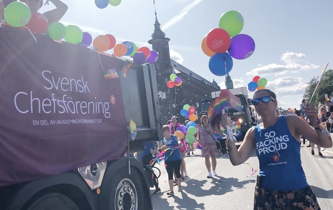 Malin Fröjmark, ombudsman på Akademikerförbundet SSR under Pridefestivalen 2019.