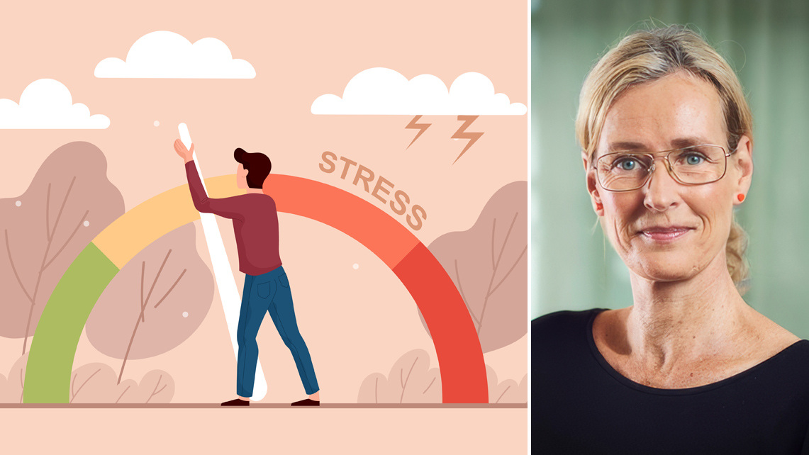 Porträttbild på Petra Salino på Suntarbetsliv och en illustration på en stressmätare.