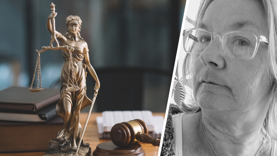 Splittbild på Inger Grahn och en Justitia staty.