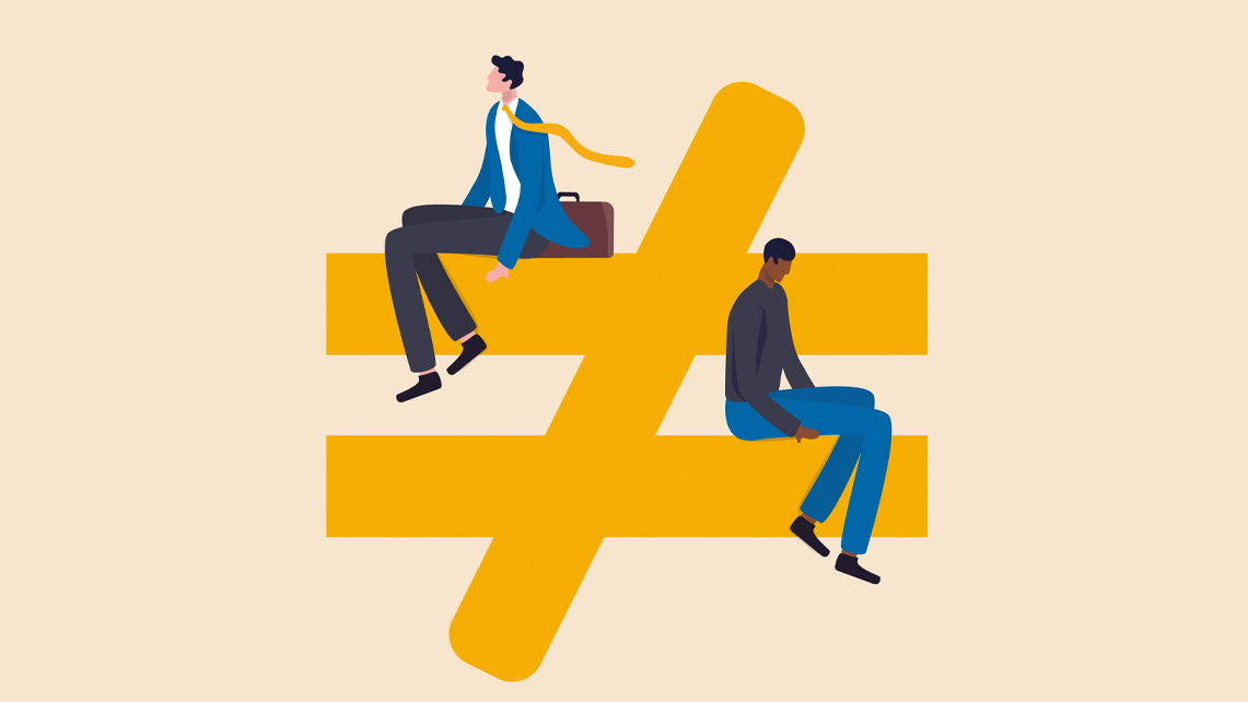 Illustration med likatecken och två personer som sitter på varsin sida