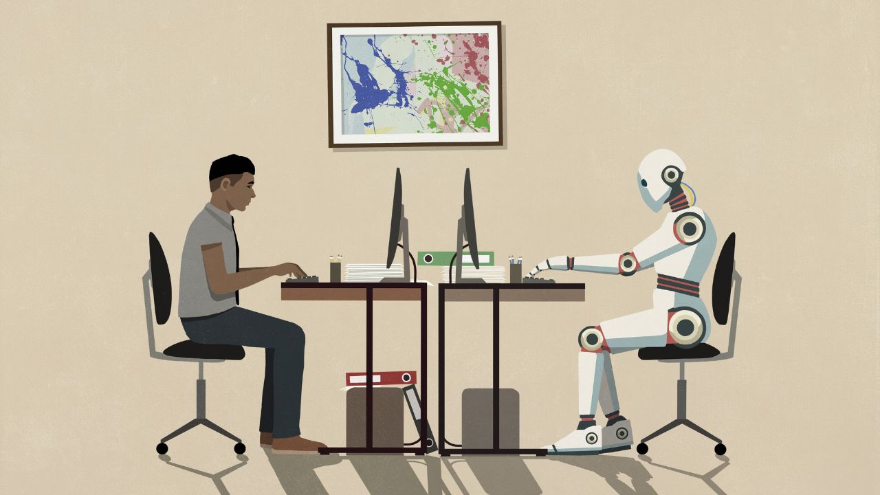 Illustration på en AI-robot och människa som jobbar tillsammans på ett kontor.