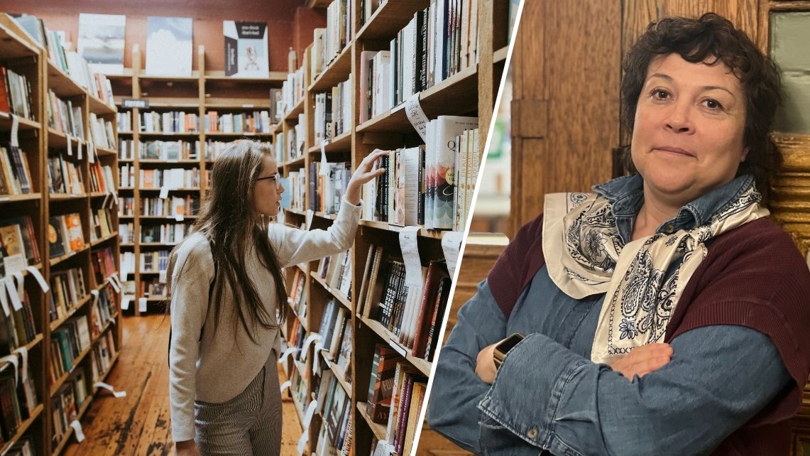 Porträttbild på Sofia Lopes Arespång och en bild på en student i ett bibliotek.