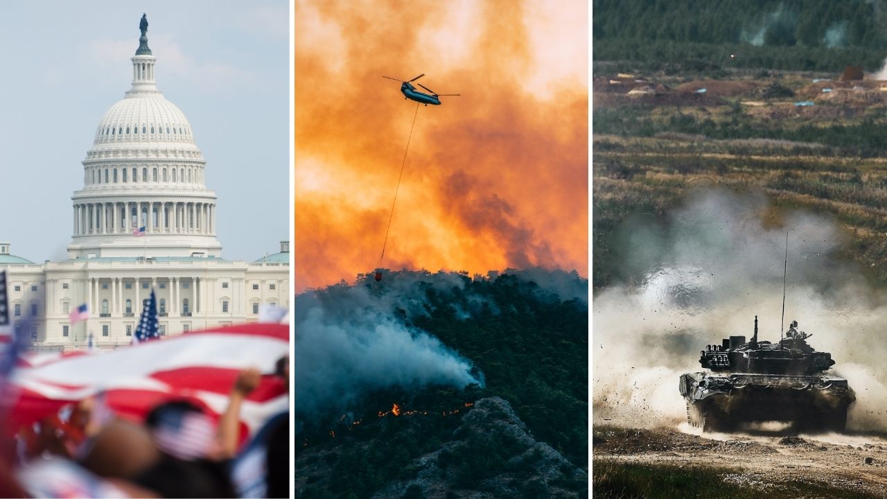 Tre bilder tillsammans som illustrerar världsläget som akut dåligt. Krig, klimatet och demokratiutveckling.