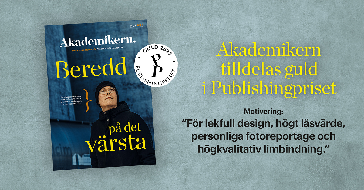 Omslag på nummer två av Akademikern som vann guld på Publishingpriset 2025.
