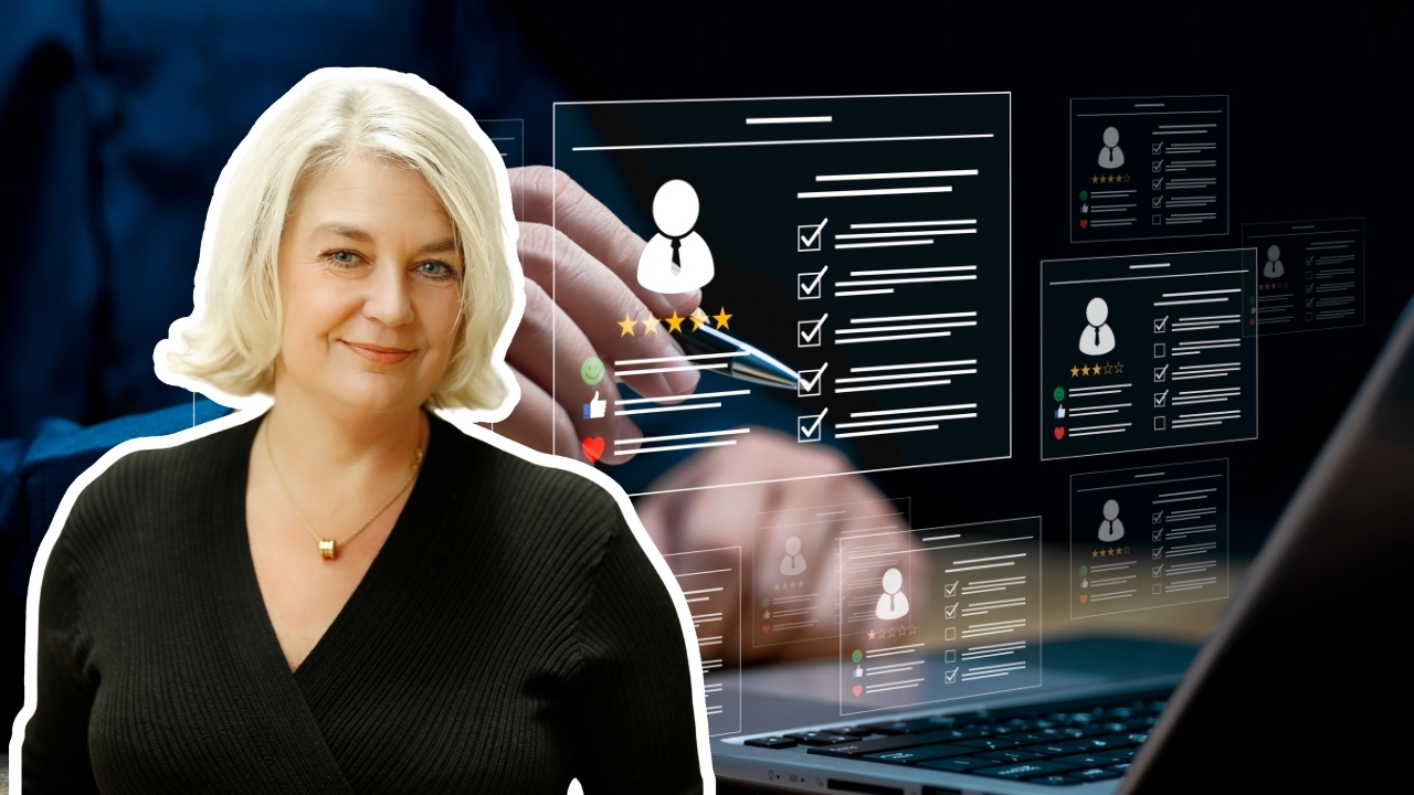 Porträtt på Birgitta Thilenhielm med en bakgrundsbild som illustrerar en anställningsprocess.