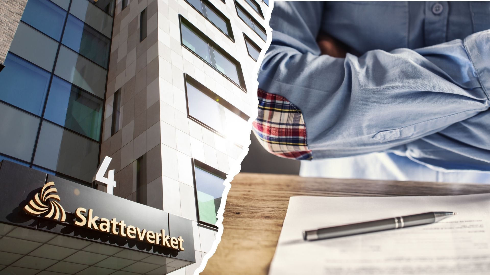 En byggnad med en skylt där det står "Skatteverket" och siffran 4, bredvid en person vid ett skrivbord med dokument och penna.