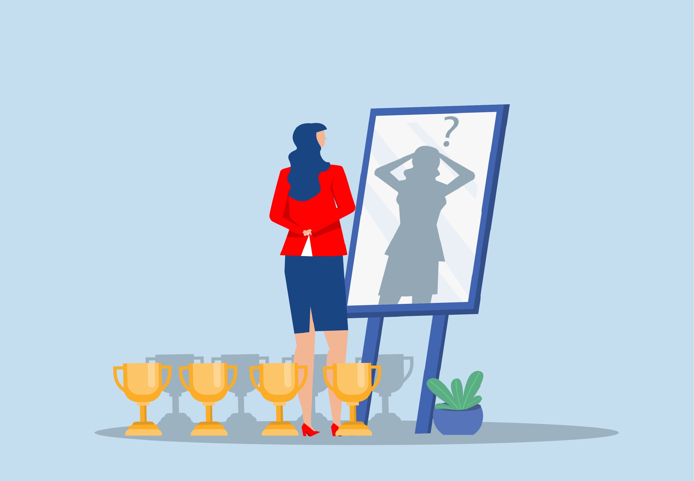 Bild på en kvinna som ser sig själv i spegeln och känner sig som en bluff.