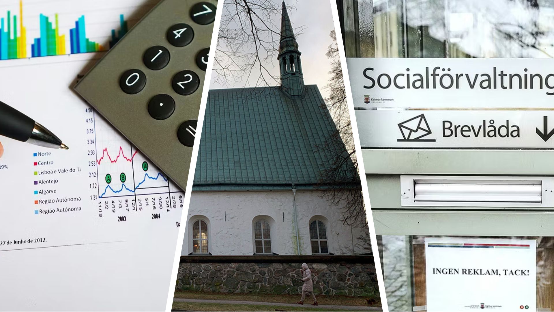 Ett kollage med ett diagram och en miniräknare, en kyrkobyggnad samt en skylt för socialkontor med brevlåda.