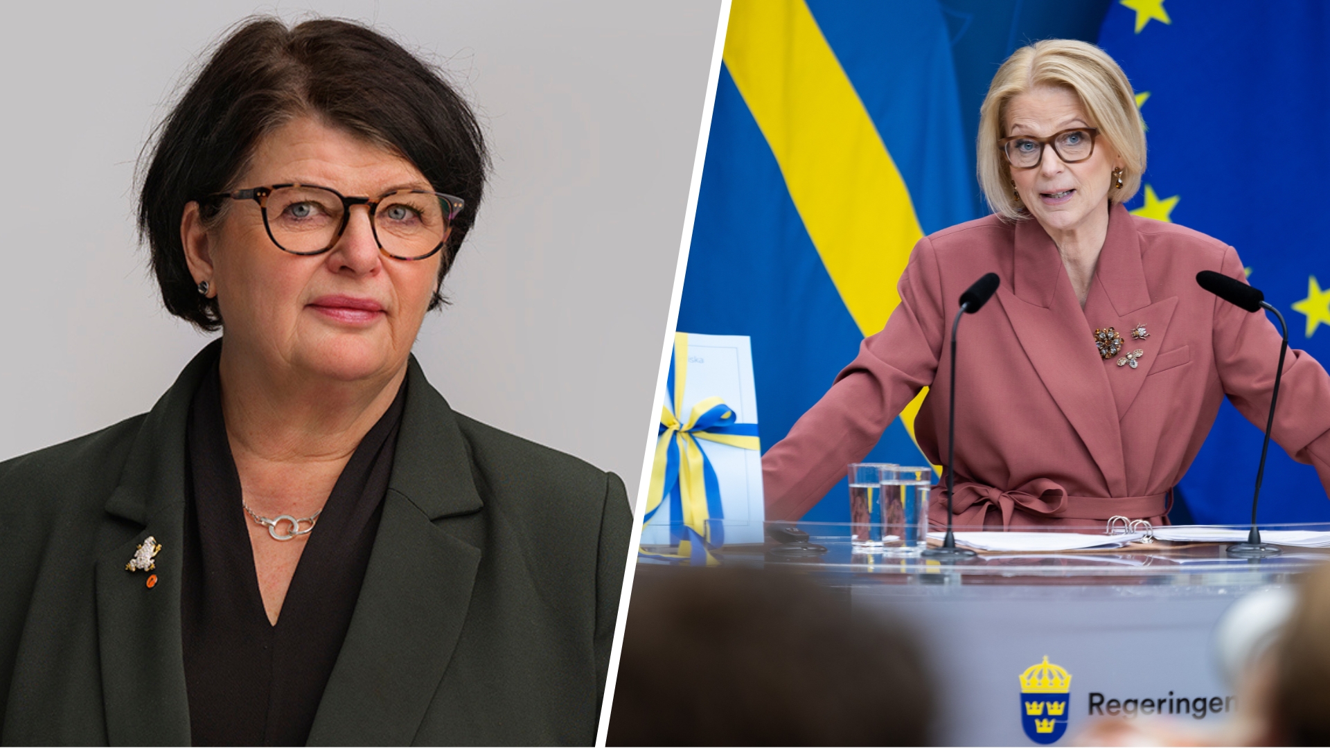 Delad bild: Till vänster en kvinna med kort mörkt hår och glasögon i svart kavaj. Till höger en kvinna i rosa kavaj talar vid ett podium med svenska och EU:s flaggor bakom sig.