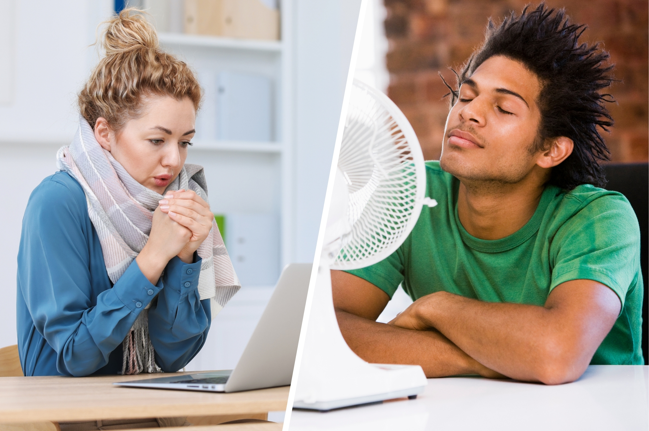 En kvinna som fryser på kontoret och man som svettas på kontoret. Till artikeln om vilken temperatur det ska vara på kontoret under sommaren.