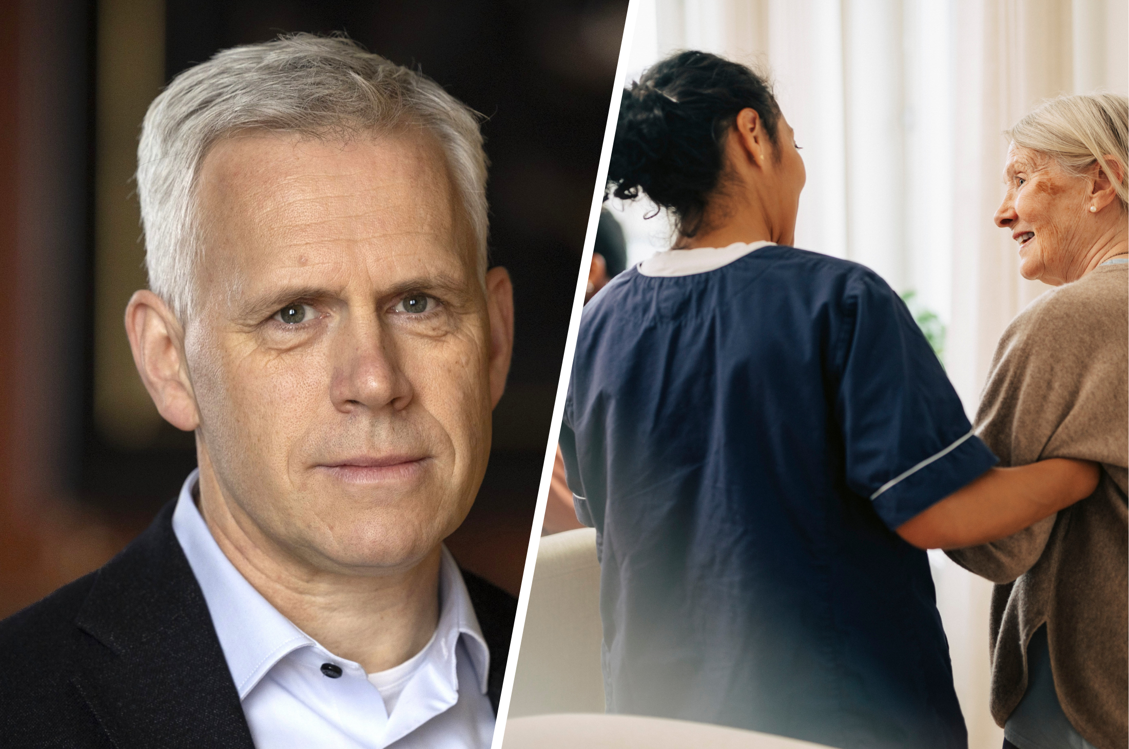 Porträtt på Olof Åslund samt en genrebild med en sköterska och en äldre kvinna.
