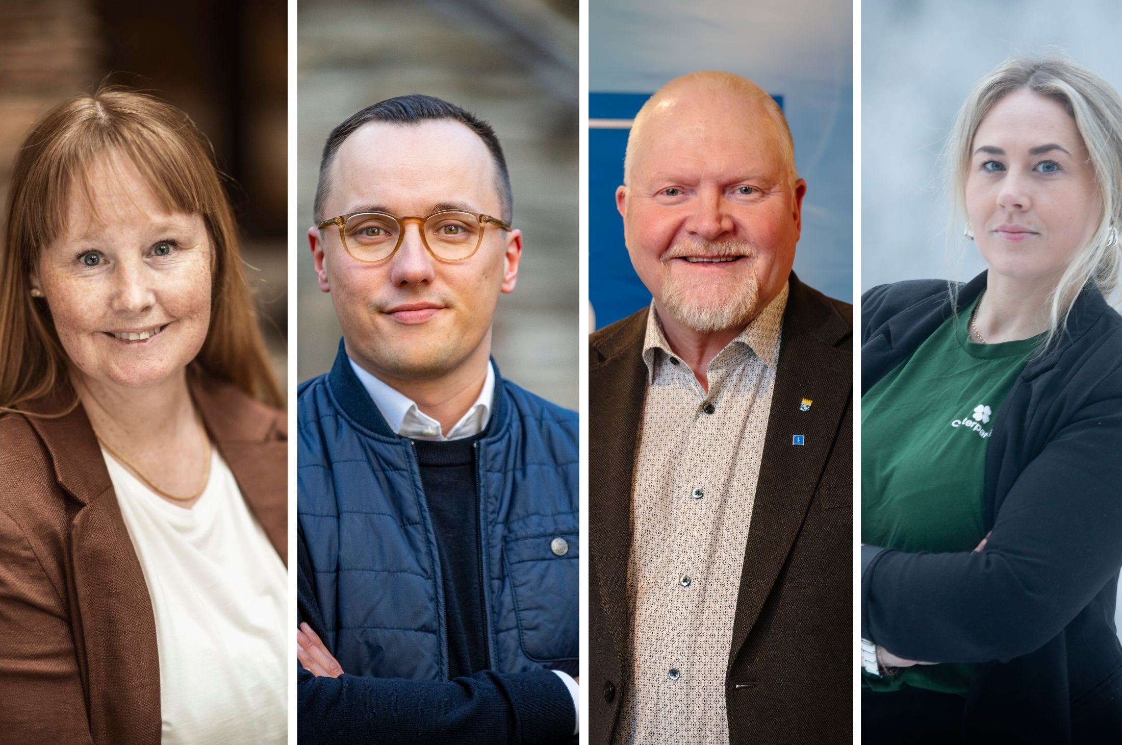 Fyra personer står på rad och tittar in i kameran; två kvinnor ytterst och två män i mitten, klädda i kontorskläder.