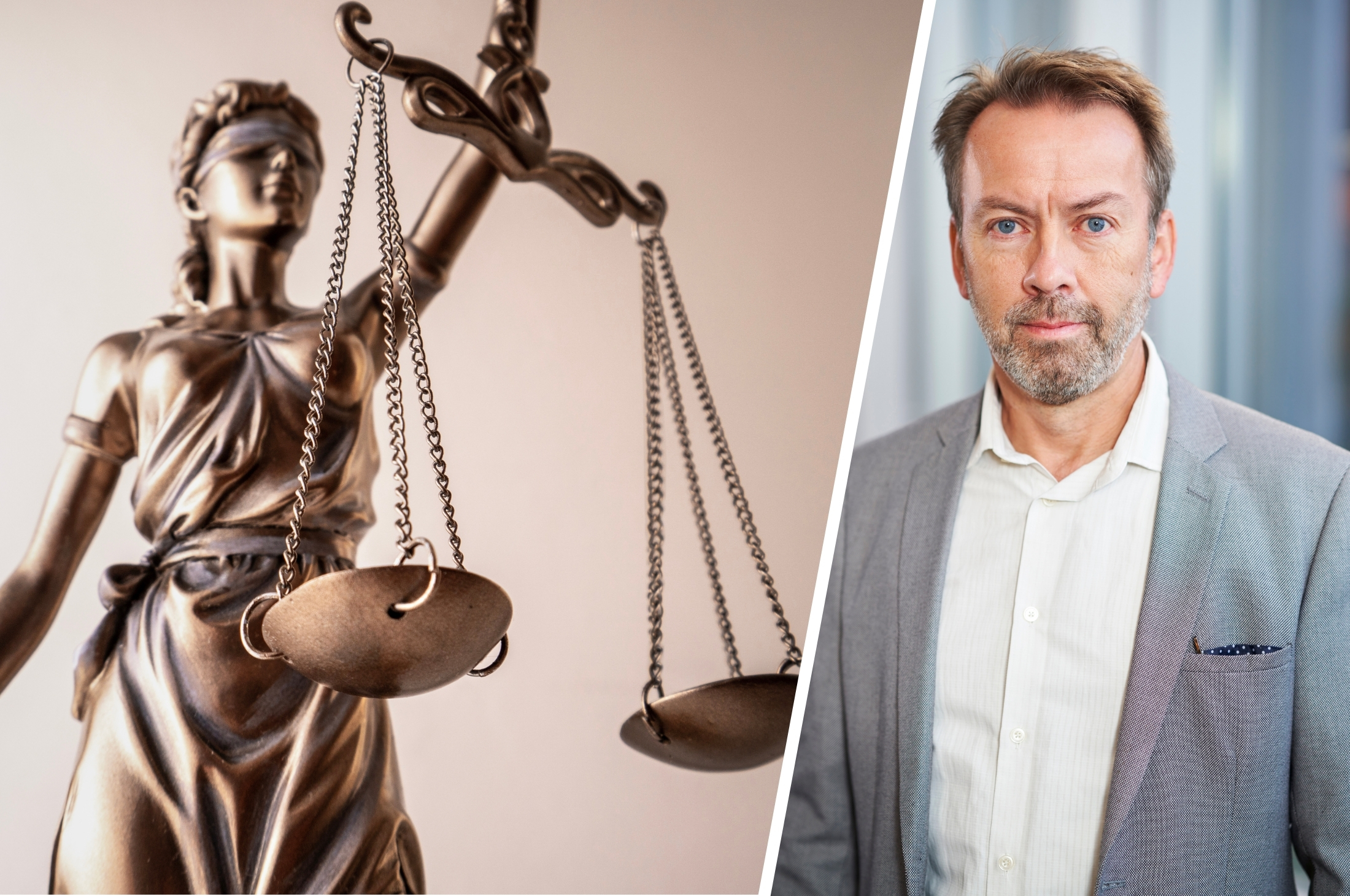 Porträttbild på Håkan Jönson, professor i socialt arbete vid Lunds universitet samt en staty av Justitia.