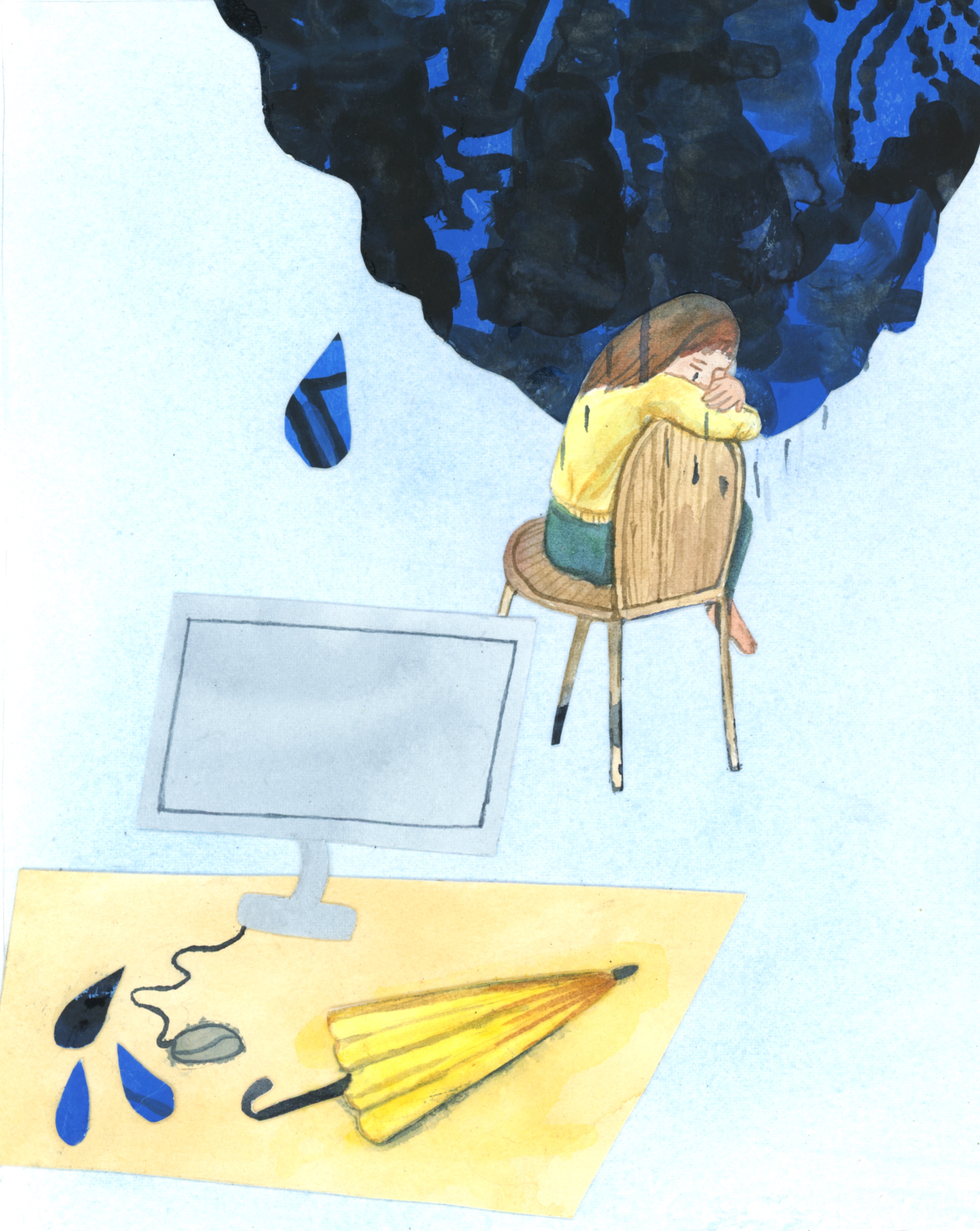 Illustration på en bortvänd sittandes ledsen människor, i förgrund, ett skrivbord.