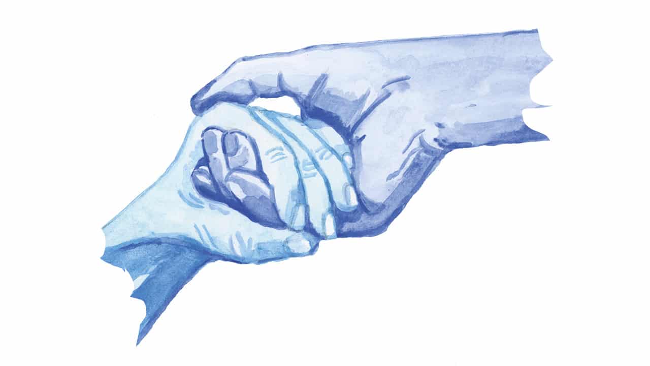 En hand håller i en annan hand. Båda är blåa och bilden har vit bakgrund.