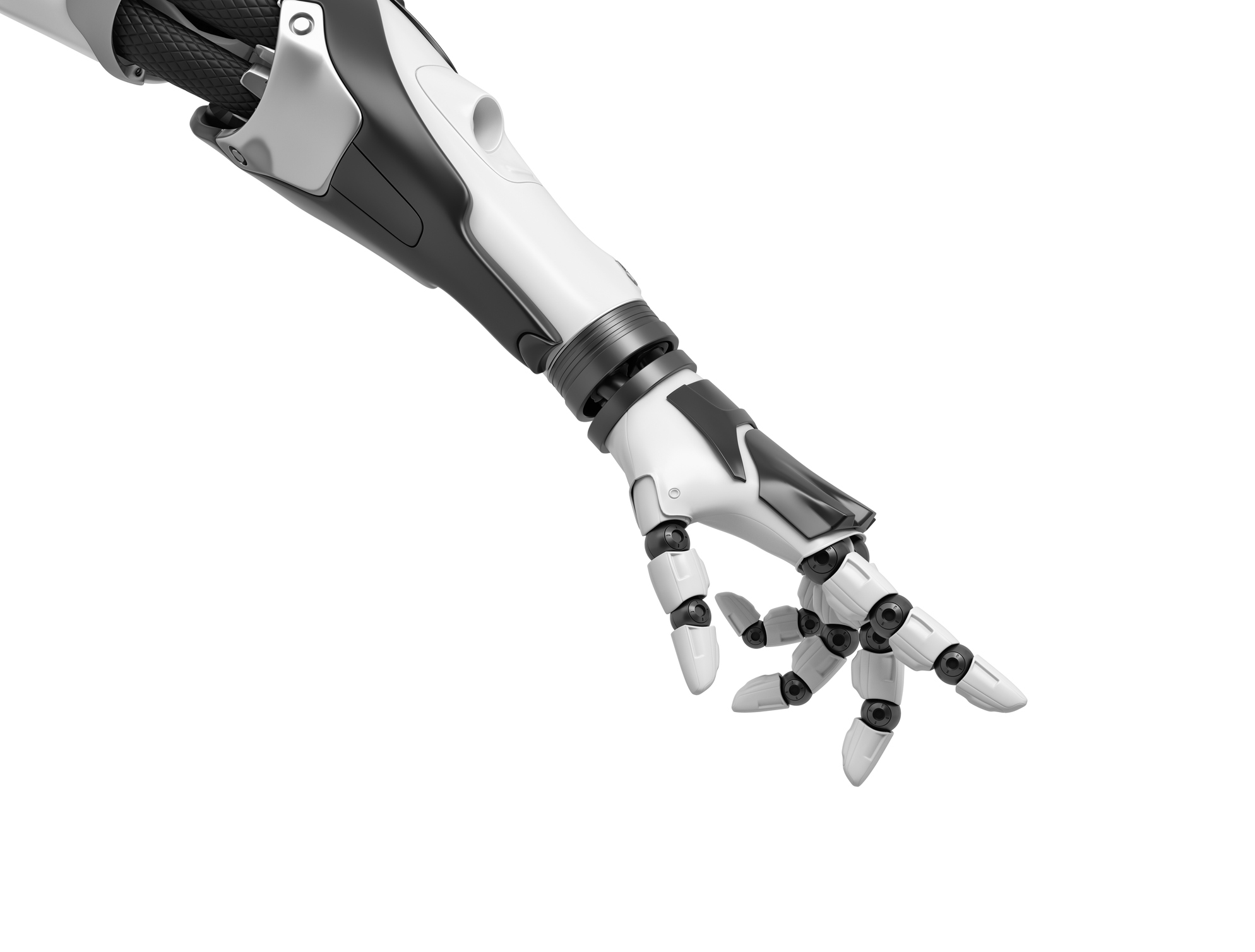 3d rendering of a robotic arm with fingers half-curled and the index finger pointing out. Unexpected help. Assistance from technologies. Robotics intelligence.