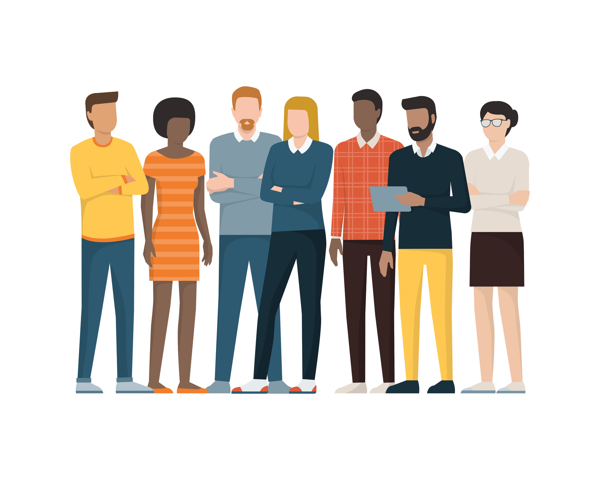 Illustration på sju stående personer, en grupp människor, några med armarna i kors.
