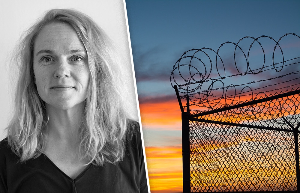 Montagebild: till vänster Anki Prestberg Ahlström och till höger en bild på ett stängsel, fotat i motljus i en solnedgång.