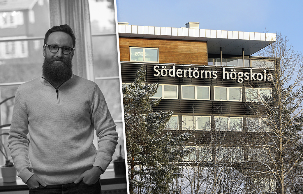 Montagebild på socionomen Nils Strandberg till vänster och en exteriörbild på Södertörns högskola till höger
