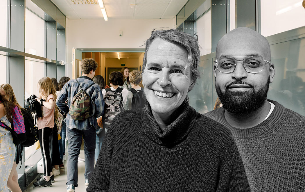 Montagebild där Aiman Jihar och Johanna Agri från företaget Magelungen porträtteras i svartvitt i förgrunden, i bakgrunden en skolkorridor med elever i grundskolan.
