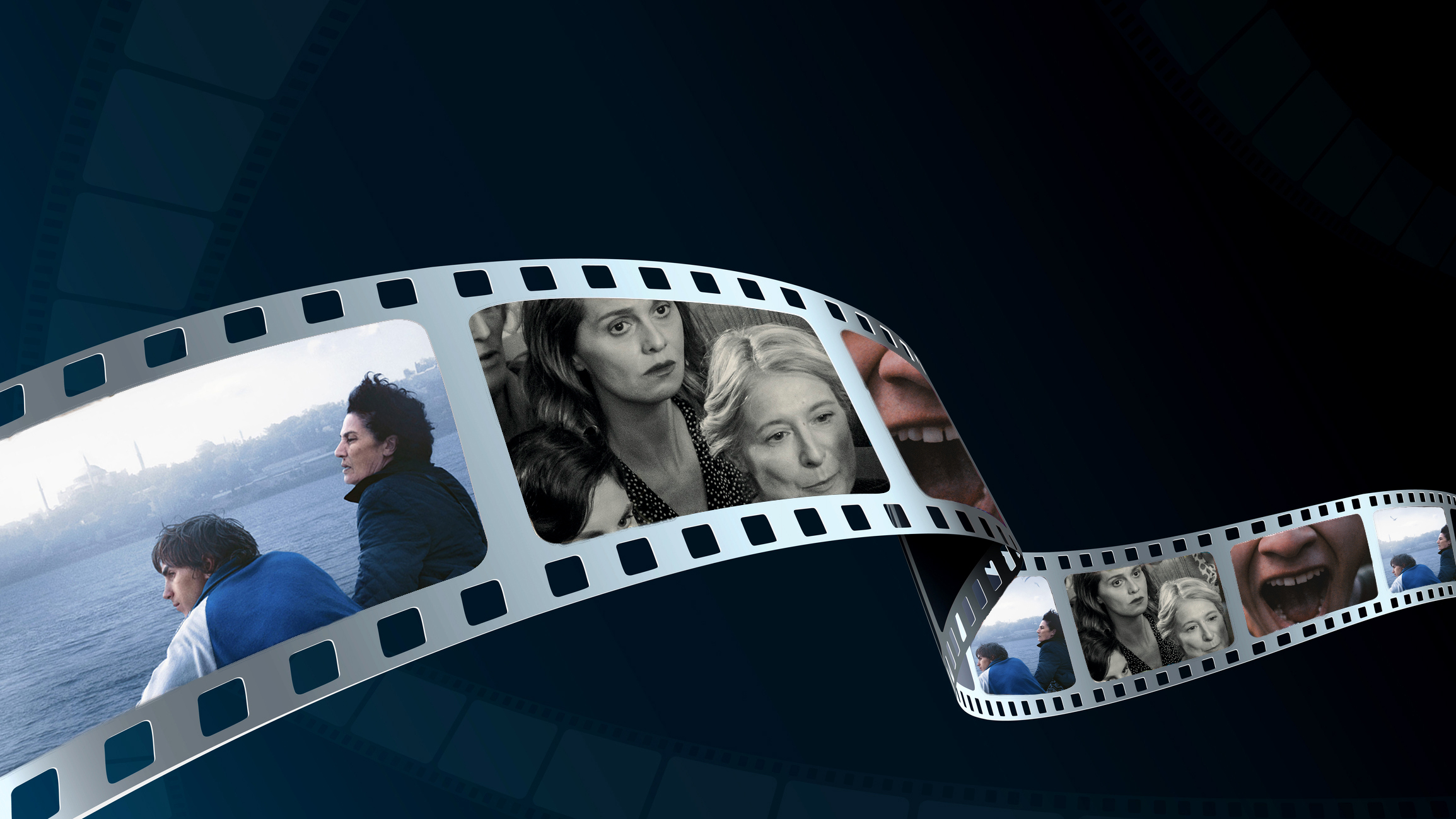 En filmremsa där filmklipp från tre bioaktuella filmer syns.